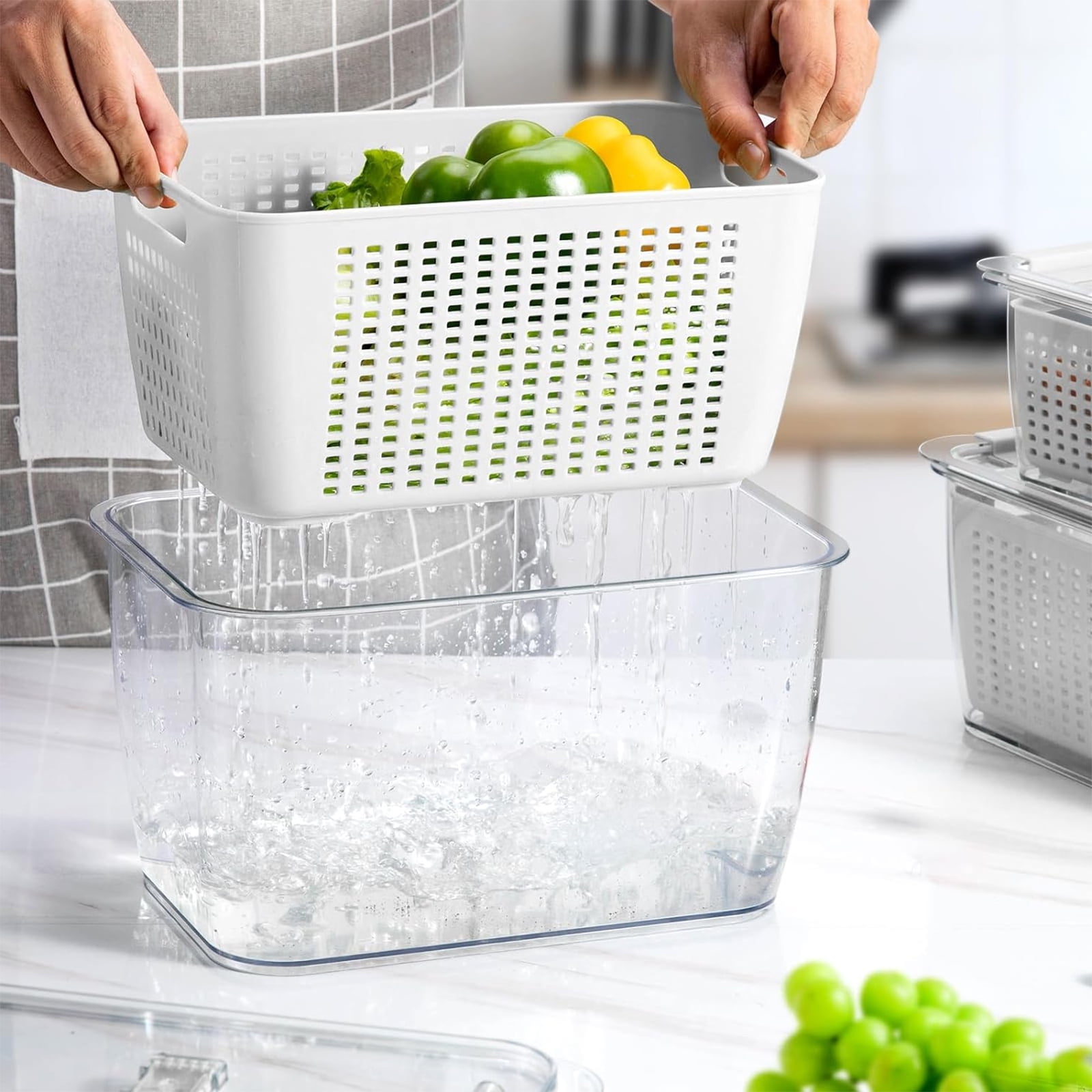 LUXEAR 4 Pack Vegetable Storage Containers for Fridge, Fruit Container with Lids &Removable Colander Large Fridge Organizer BPA-free for Fruit Vegetable, Berry, Meat Storage keep Fresh Longer White