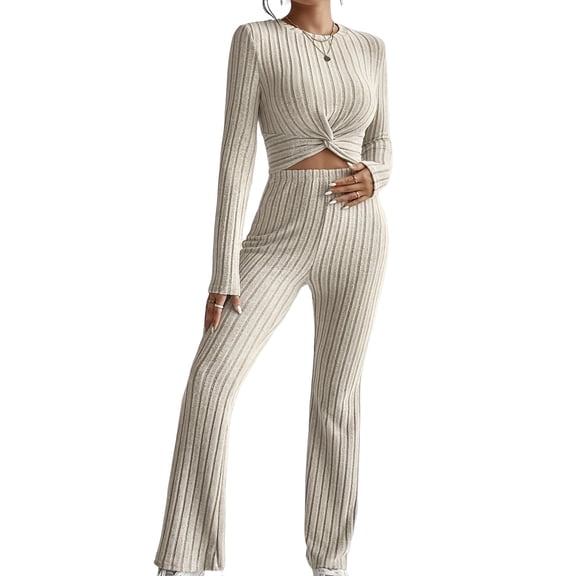 Women'S 2 Piece Casual Ribbed Knit Crew Neck Stretch Long Sleeve T-Shirt and Flare Pants Set S