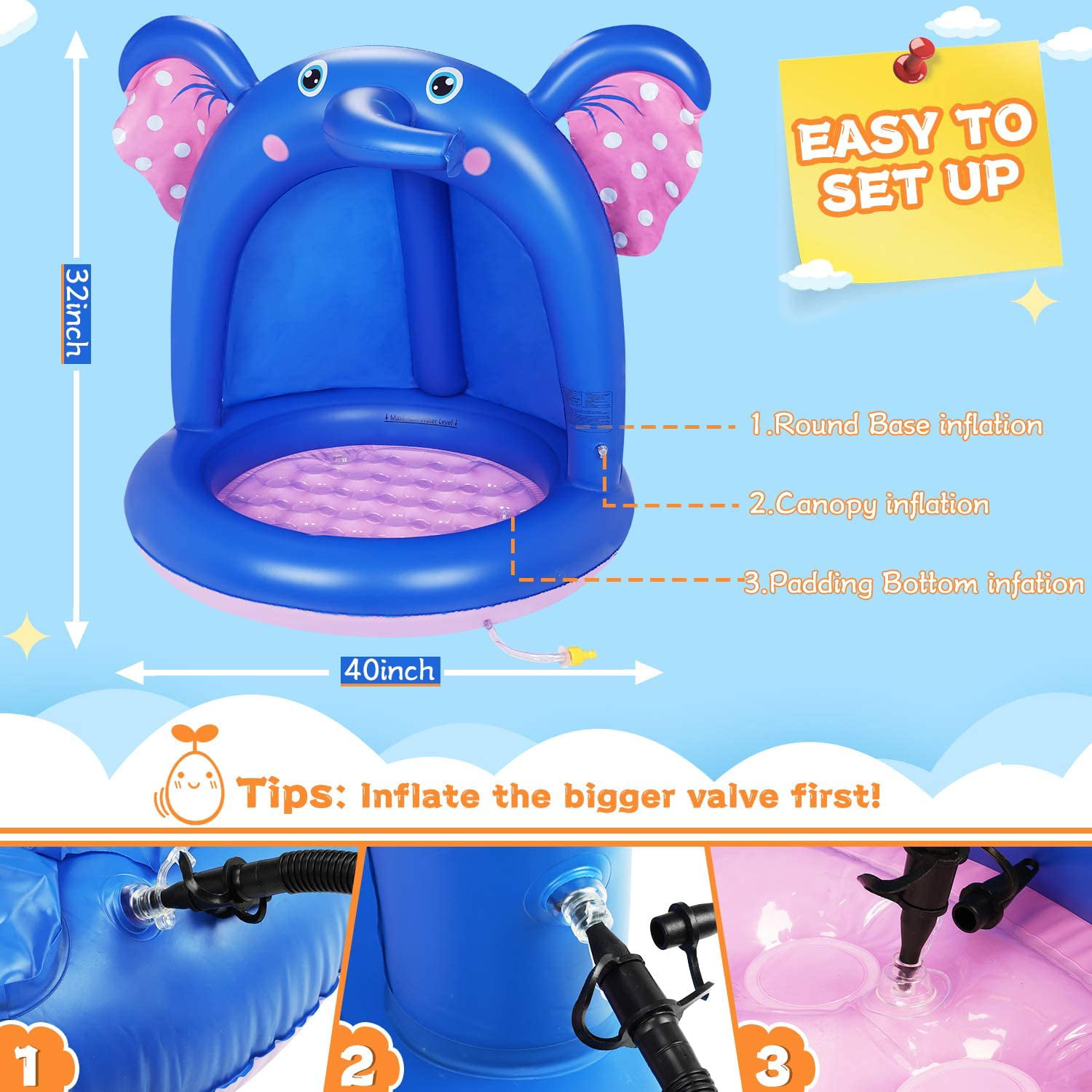Elephant Baby Splash Pool with Canopy Extra Soft Bubble Base for Kids Toddlers Spray Water Fun Summer Blow Up Shade Pool for Outdoor and Indoor Inflatable Baby Pool 