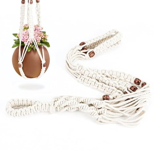 Macrame Plant Hanger with Colored Wood Beads and 2PCS Hooks,Elegant Hanging Plant Holder for Indoor Outdoor Plants,Sturdy Hanging Planters with No Tassel,33 Inch,Ivory