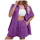 thumbnail image 1 of Conjunto de 2 piezas para mujer con camisa con solapa y pantalones cortos: color liso, traje informal de verano, poliéster, corte ajustado, tallas S-XL, ropa para vacaciones/fiestas, 1 of 8