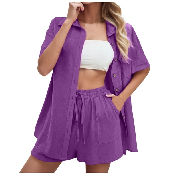 Conjunto de 2 piezas para mujer con camisa con solapa y pantalones cortos: color liso, traje informal de verano, poliéster, corte ajustado, tallas S-XL, ropa para vacaciones/fiestas