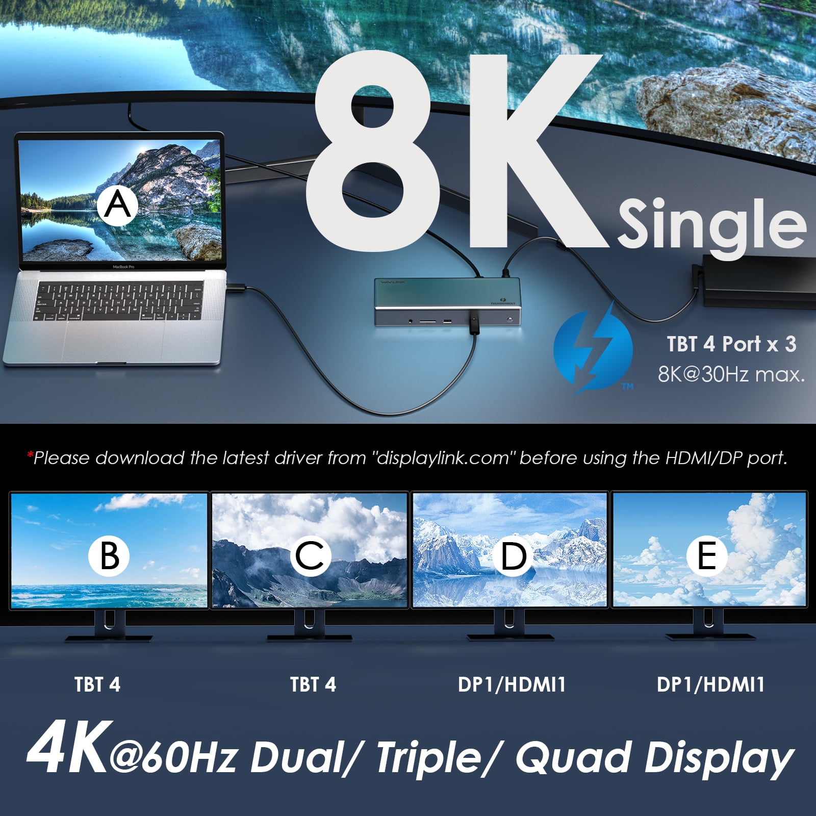 WAVLINK 15-in-1 Thunderbolt 4 Quad Display Dock ,  40Gbps Docking Station with 98W Laptop Charging, Single 8K@30Hz Quad 4K@60Hz and More
