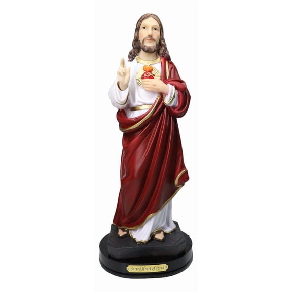 Catholic Sacred Heart of Jesus Christ in Scarlet Red Robe Statue With Base 12"H