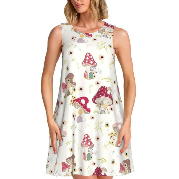 Fotbe Floral Mushroom Vestido de Verano sin Mangas para Mujer – Vestido Midi Línea A, Estilo Camiseta Floral, Vestido Playero Casual y Fluido