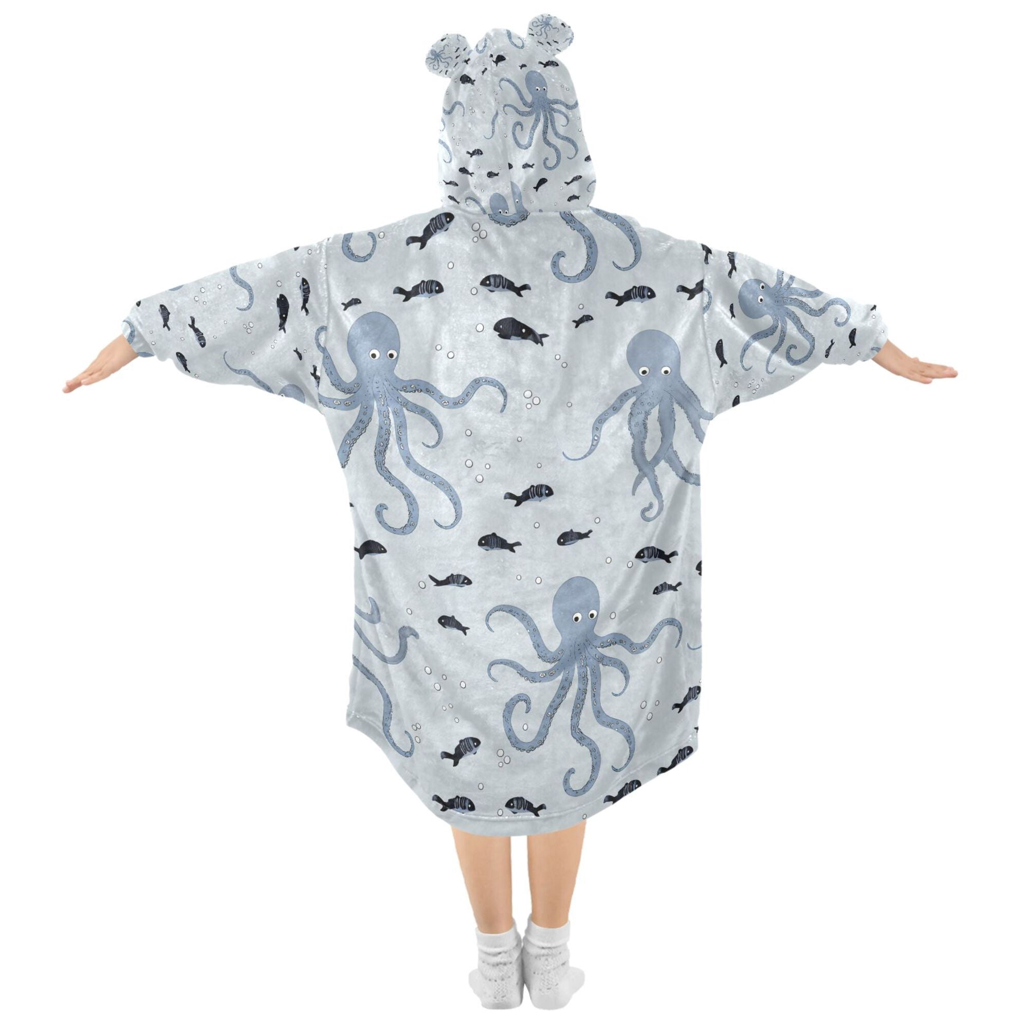 FORMRS Wearable Blanket Hoodie with Sleeves for Kids Cozy Flannel Sweatshirt, Blue Octopus Pattern