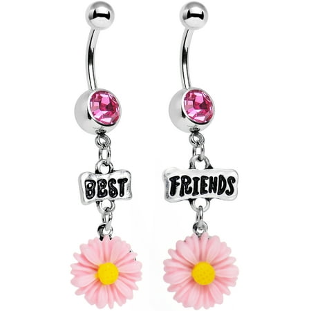 Body Candy Stainless Steel Pink Accent Best Friends Pink Flower Dangle Belly Ring