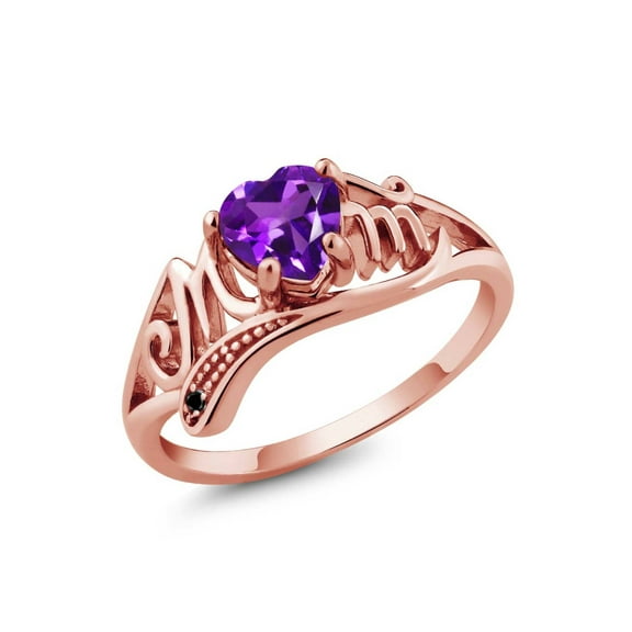 Gem Stone King 18K Rose Gold Plated Silver Heart Shape Mothers Day Purple Amethyst and Diamond Mom MOM Ring for Women (0.41 Cttw, Gemstone Birthstone, Available in Size 5, 6, 7, 8, 9)