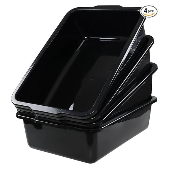 Food Serving Bus Tubs 4-Pack - 35L Black Plastic Bus Boxes - Large Dishwashing & Storage Containers - Commercial Kitchen & Restaurant Use