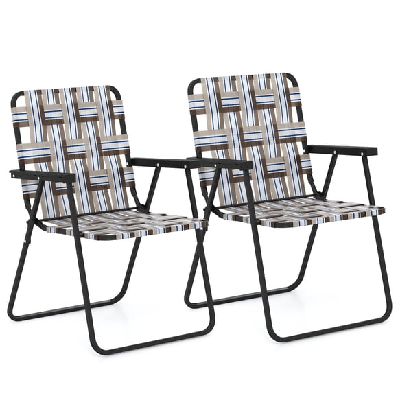 Patiojoy Set of 2 Webbed Lawn Chairs, Outdoor Patio Folding Chairs w/ Heavy-Duty Metal Frame Lightweight Portable Web Camping Chairs Brown