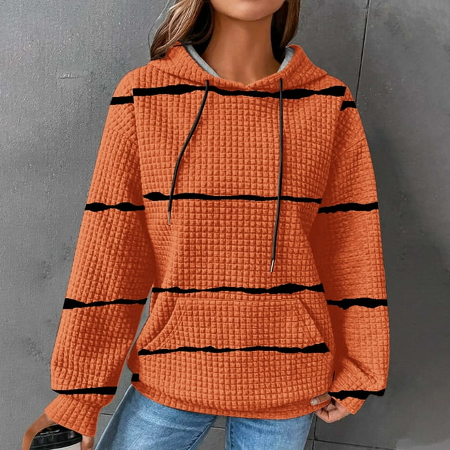 EGNMCR Sweat à Capuche à Manches Longues pour Femmes, Imprimé Rayé, avec Poches, Automne