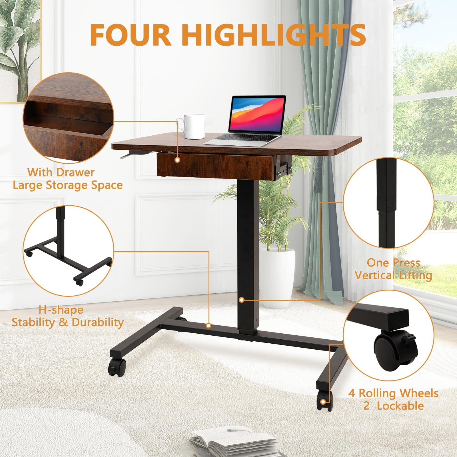 CLATINA Mobile Laptop Standing Desk, Height Adjustable Teacher Podium with Lockable Wheels, Adjustable Work Table with Drawer, Computer Cart Overbed Table for Home Office Classroom, Brown
