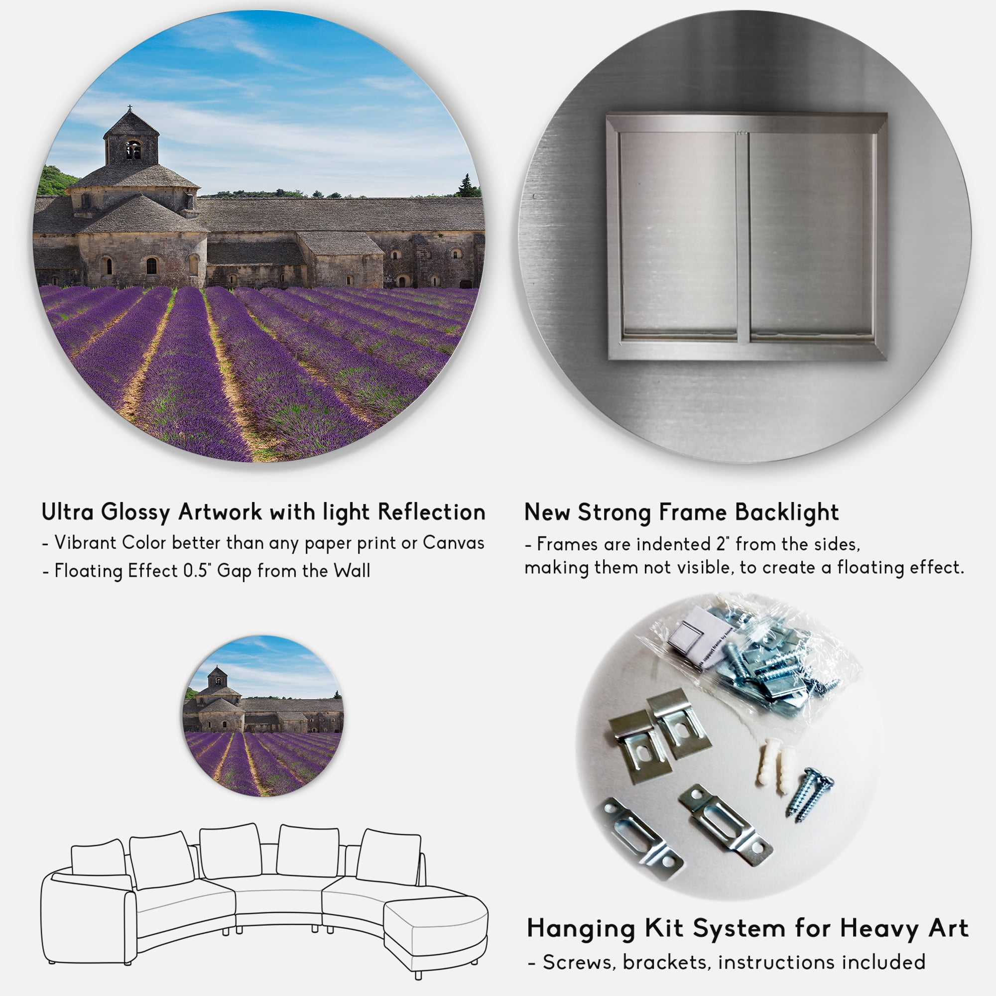 Designart 'Abbey With Lavender Field In France' Farmhouse Circle Metal Wall Art 36x36 - Disc of 36