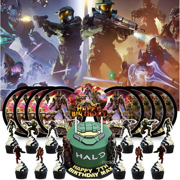 Halo Plates Supplies Party Decorations Birthday Decor Backdrop Banner Cake Topper Fans