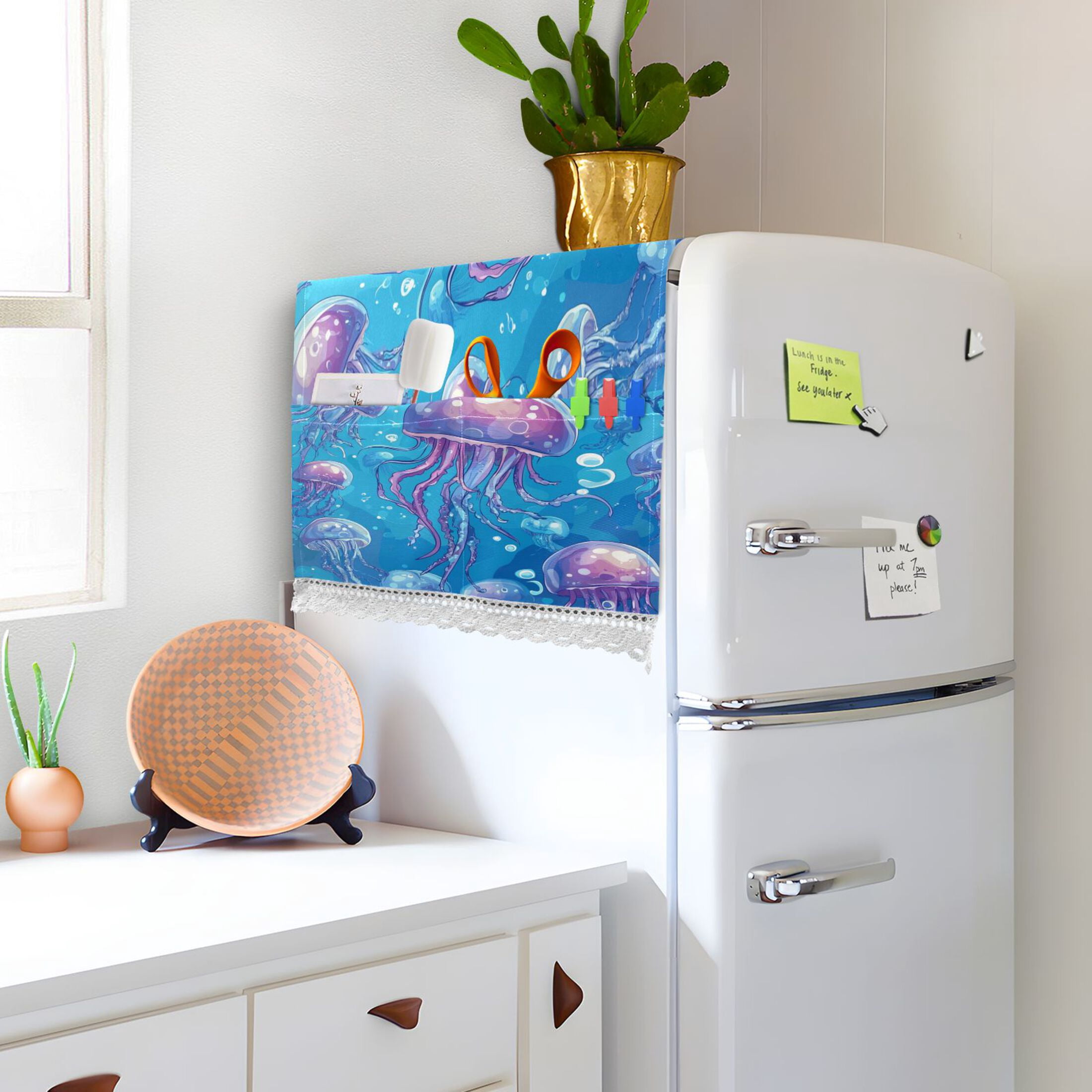 Cartoon JellyfishWasher and Dryer Covers Dust-Proof and Oil Resistant Fridge Cover with 4 Storage Pockets Washing Machine Top Cover for Laundry Kitchen Home 51.2 x 22 In