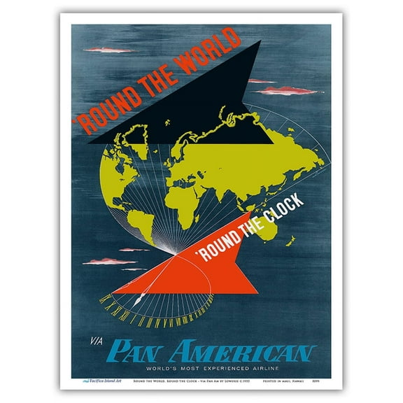 Round the World Round the Clock - via Pan American World Airways - Vintage Airline Travel Poster by Loweree c.1955 - Master Art Print (Unframed) 9in x 12in