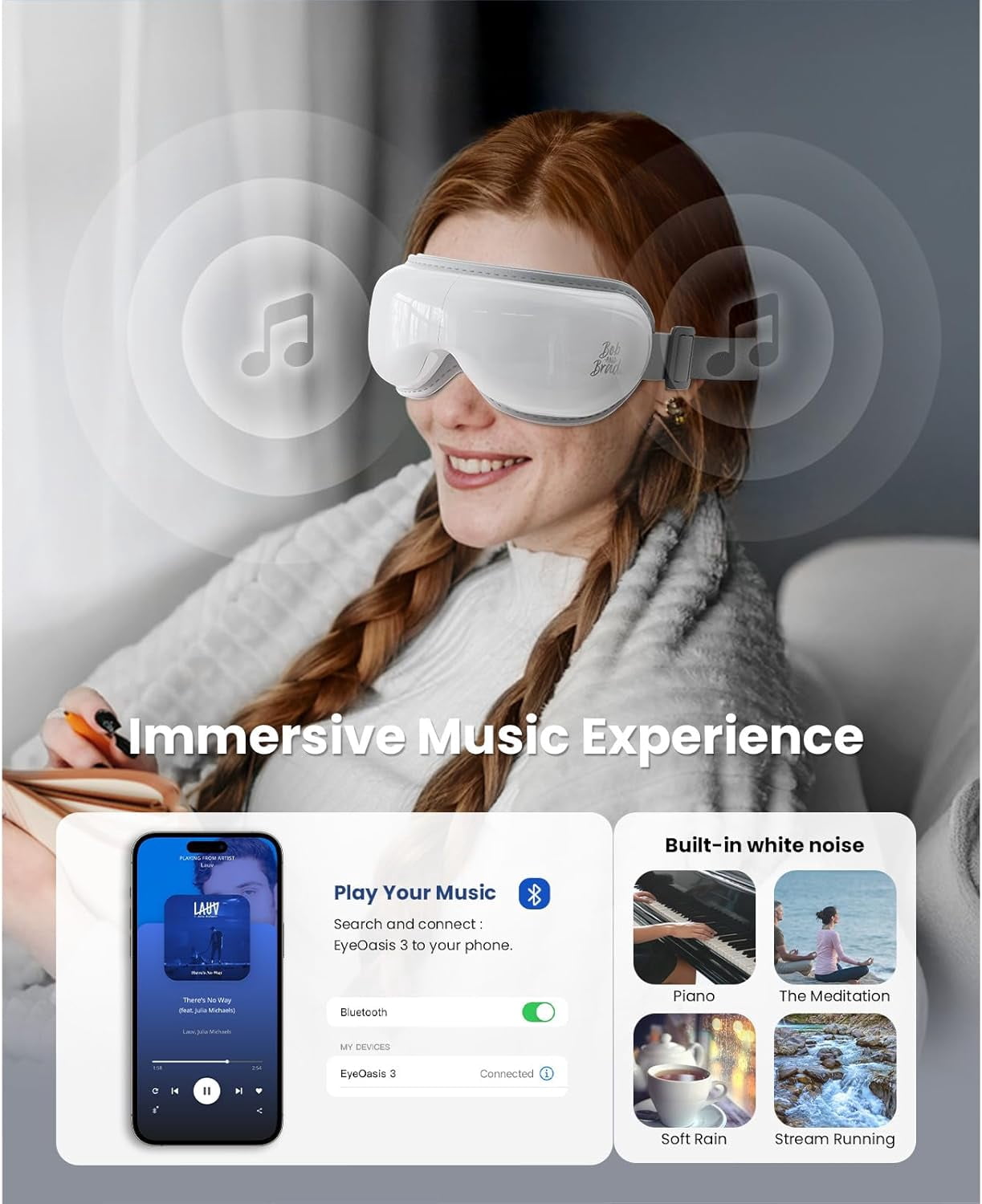 Bob and Brad Eye Massager with Heat and Cooling,Music , EyeOasis 3 Eye Mask for Migraines, Dry Eyes Strain Relief Improve Sleep,Adjustable Heated Face Massager, Idea Gift