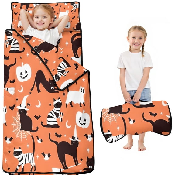 Halloween Cats Pumpkins and Bats Toddler Nap Mats for Kids Preschool,50"x20" Sleeping Mat Bag or Kids,Toddler Sleeping Bag,Toddler Nap Mat or Daycare