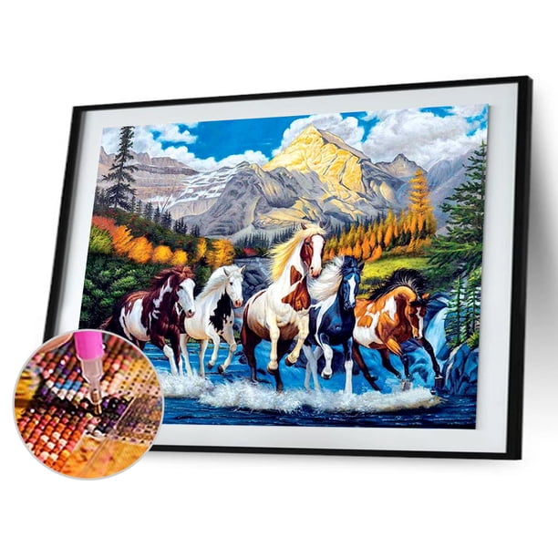 Cuadros Decorativos Kit de bricolaje de pintura de diamante redondo completo 5 cuadros de mosaico de diamantes de imitación de caballos corriendo Tmvgtek embutido en tela