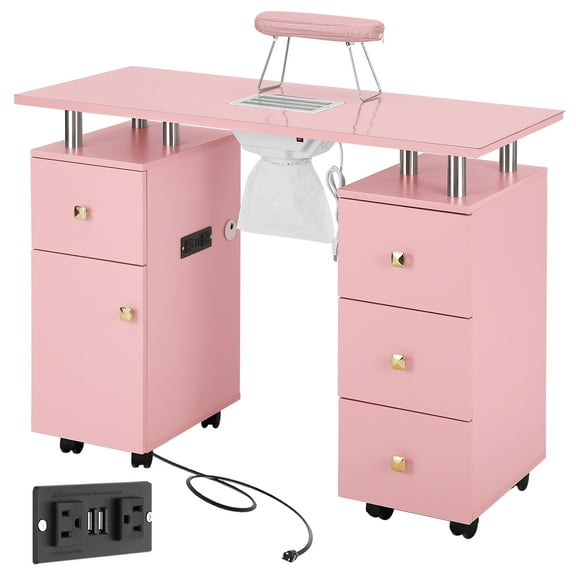 Pink Manicure Table Nail Desk for Nail Tech, Nail Table w/Electric Dust Collector, 4 Drawer&1 Cabinet Storage, Lockable Rolling Wheels, Built in Power Outlet, Wrist Cushion