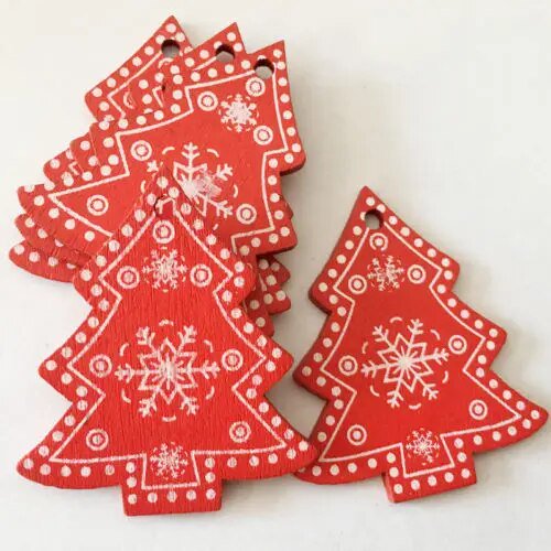 Colgante de madera para árbol de Navidad, adorno de estrella de copo de nieve, decoración roja para fiesta en casa, boda y Año Nuevo, 12 piezas