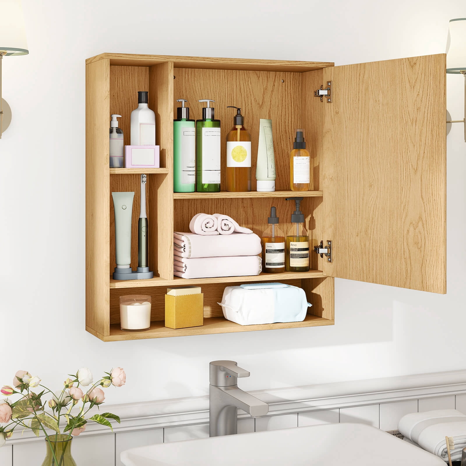 Costway Bathroom Wall Cabinet with Mirror, Single Door, 3 Open Shelves & Adjustable Shelf Natural