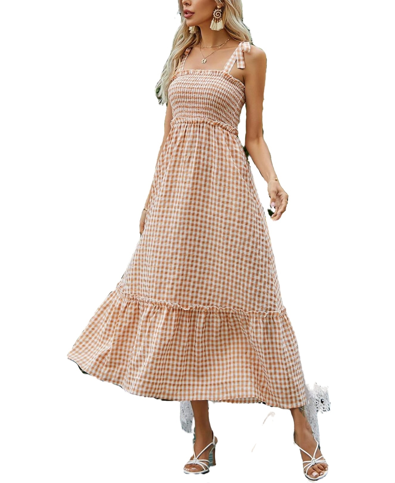 Straps Gingham Cami Multicolor Sleeveless Boho Women's Dresses