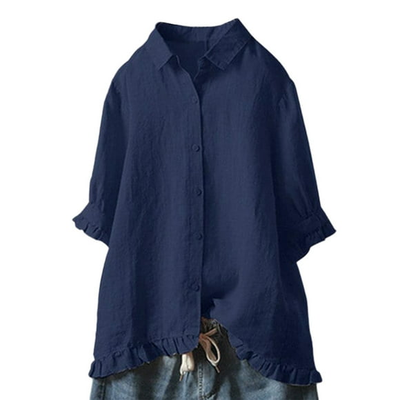 Fashnice Chemises pour Femmes Blouse à Volants Hauts de Couleur Unie Tunique Élégante de Plage Chemise Bleu 4TG