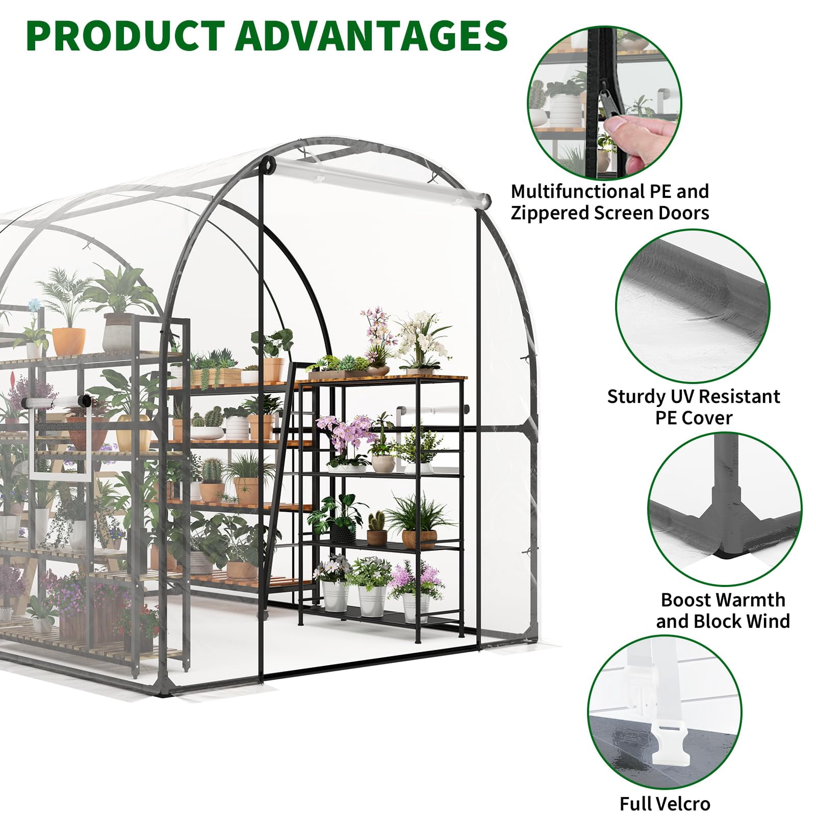 Walk-In Greenhouse 8.2 x 6.6 x 6.6 FT – Portable Outdoor Garden Greenhouse with Heavy-Duty Frame & Transparent Cover, Large Plant Growing House for Backyard, Patio & Vegetable Garden