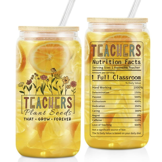 Vaso de vidrio Frerdui Teacher Appreciation en lata, 480 ml, con tapa