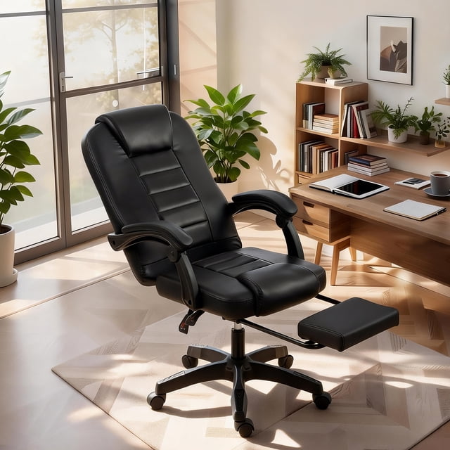 CazToi Silla de oficina ergonómica, silla de escritorio tapizada en cuero sintético negro con altura ajustable y brazos ajustables