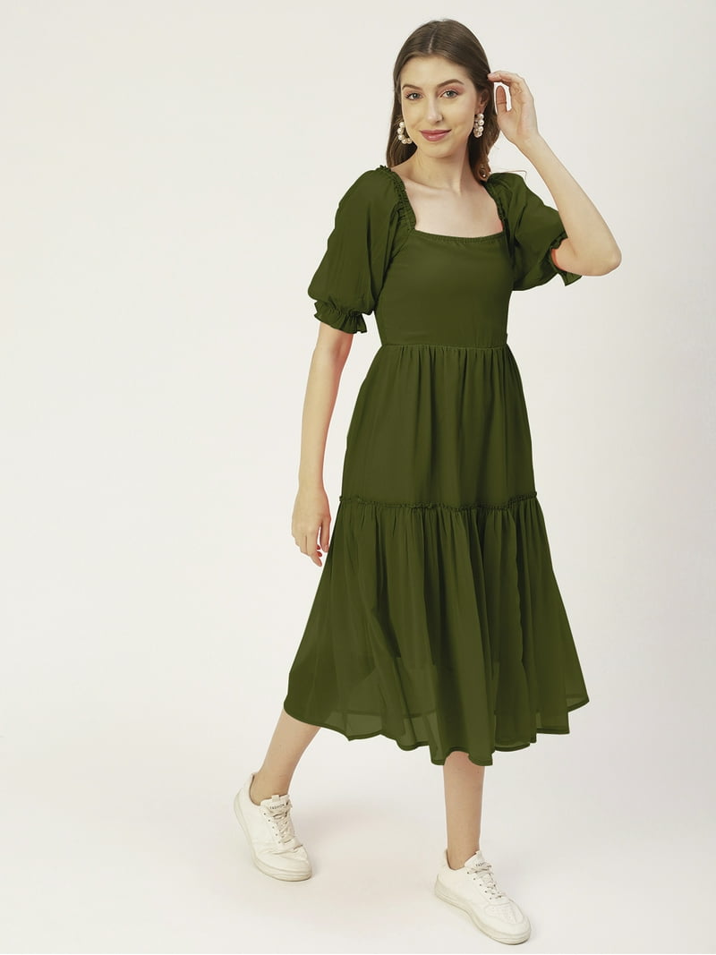 Moomaya Solid Square Neck Smocked Midi Dress, Poly Georgette Dresses For  Women - Walmart.com