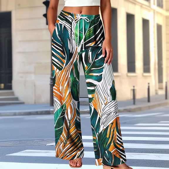 Xdegoge Women's Tropical Leaf Print Wide Leg Pants High Waisted Flowy Palazzo Trousers Boho Casual Loose Lounge Pants with Pockets Drawstring Summer Vacation Wear