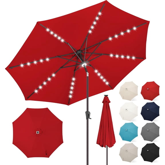 FLAME&SHADE 10 ft Solar Powered Outdoor Market Patio Table Umbrella with LED Lights and Tilt, Red