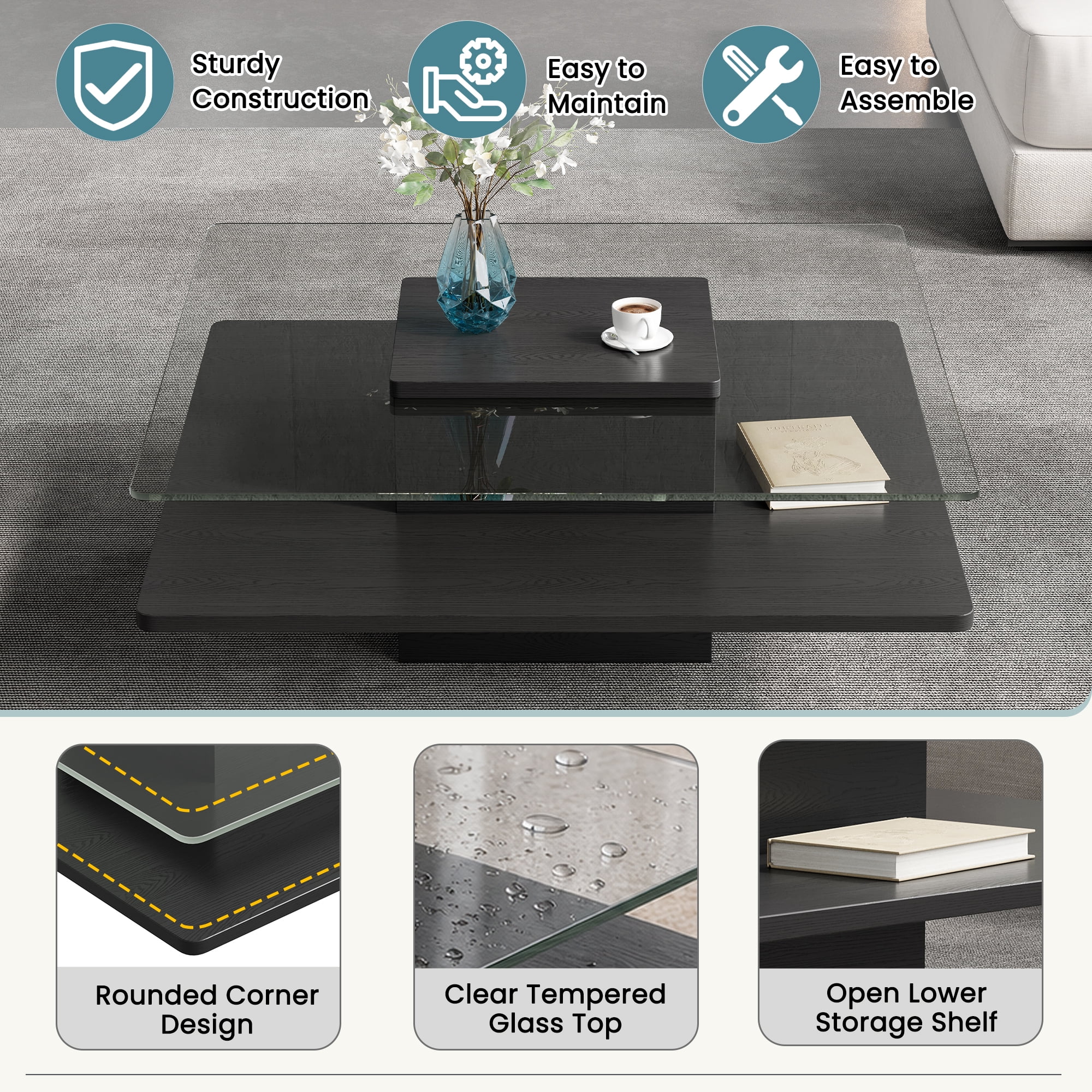 GARITIN Coffee Table 31.5 Inch, Square Tempered Glass Top with Storage Shelf and Black Finish Frame for Living Room