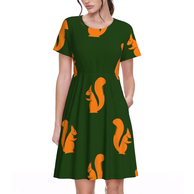 Easygdp Bold Squirrel Silhouettes para Vestido Transpirable de Mujer, Vestido Suelto de Manga Corta con Pliegues y Bolsillos para el Verano
