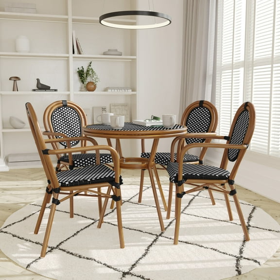 Emma Oliver Indoor/Outdoor Bistro Style 31.5 in. Table with Black & White PE Rattan, Glass Top, and Four Chairs - Natural Frame