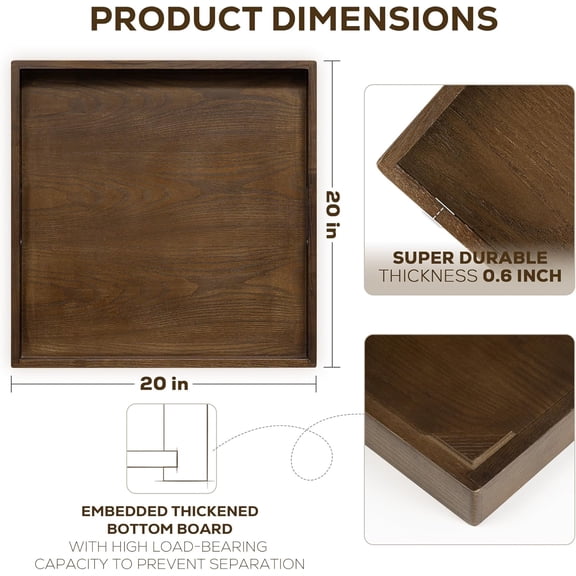 20 Inch Large Square Wooden Ottoman Tray for Living Room | Extra Large Serving Tray with Handles for Coffee Table, Breakfast | Decorative Wood Tray for Ottoman Couch Sofa Kitchen | Walnut