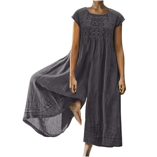 Timegard Womens Cotton Linen Rompers Plus Size Casual Loose Short Sleeve Round Neck Wide Leg Pants Jumpsuit