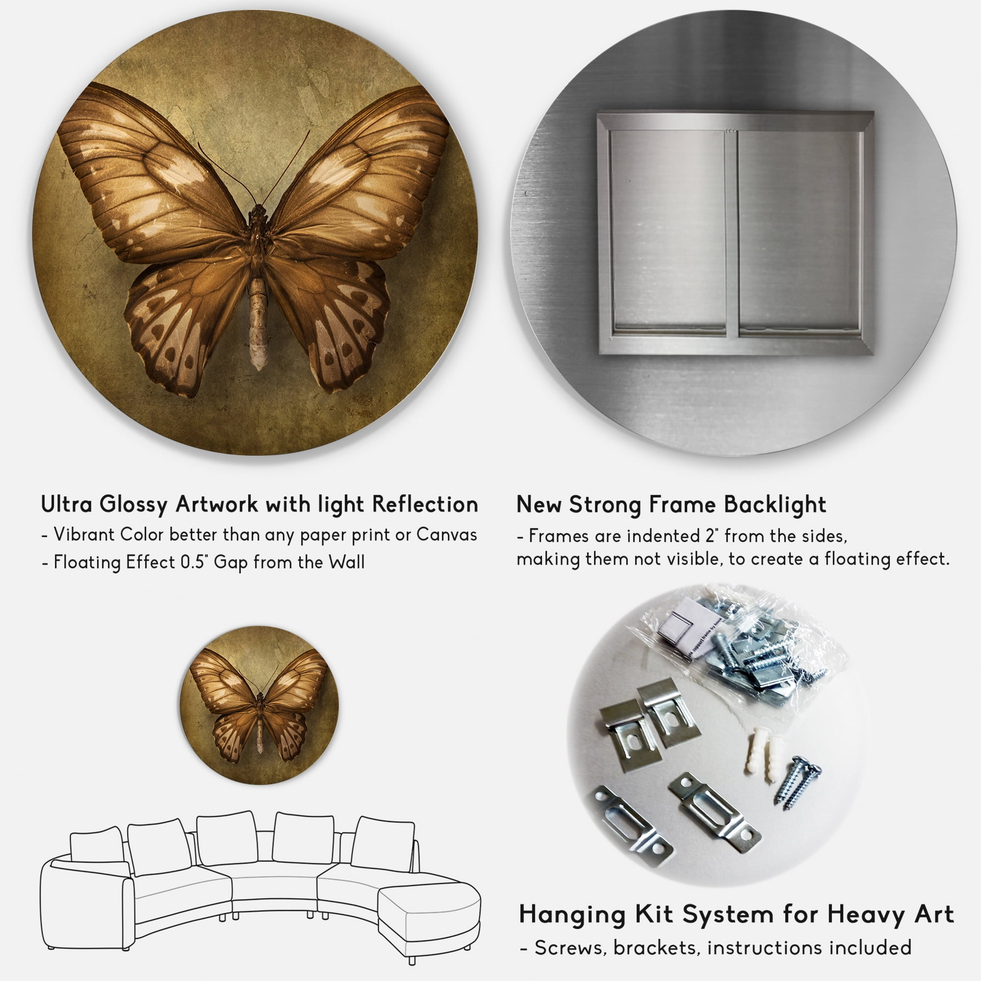 Designart 'Ancient Butterfly In Earth Tones' Vintage Circle Metal Wall Art 29x29 - Disc of 29