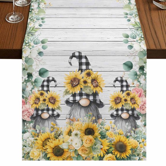Table Runners 72 Inches Long Dress Scarves, Sunflower Gnomes Farmhouse Kitchen/Dining Table Runner, Coffee Tablerunners, Spring Eucalyptus Floral Gray Wooden 14x72 Inch