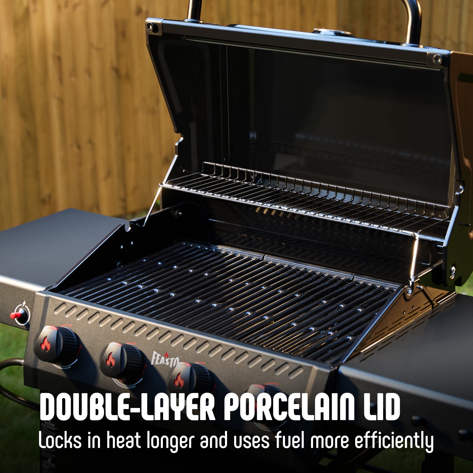 Feasto 4-Burner Propane Gas Grill, Outdoor Grill with 2 Side Tables and Porcelain-Enameled Grates, Black