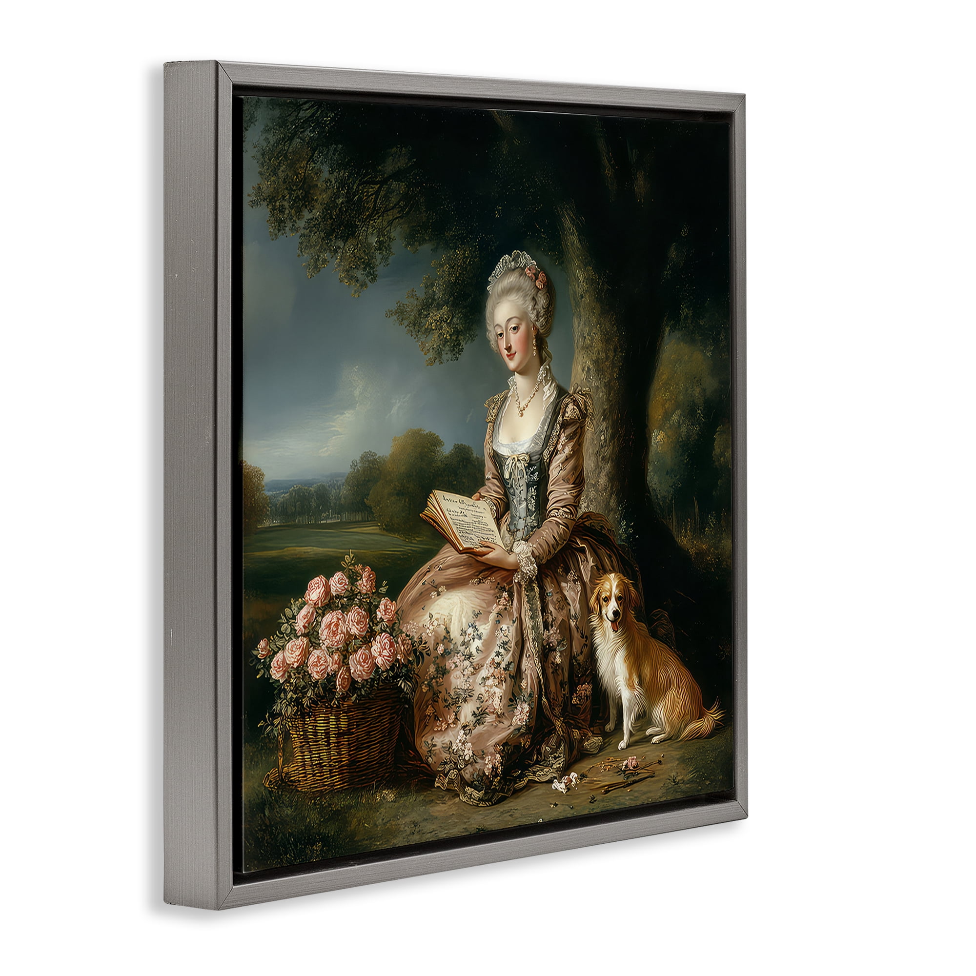 Stupell Industries Rococo Woman with Dog Gray Framed Floater Canvas Wall Art, design by The Wands Want
