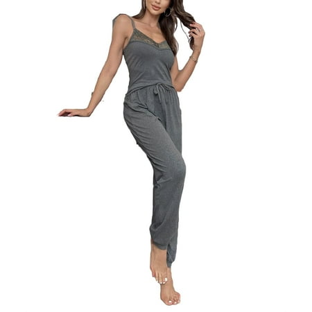 

Women s Pajama Sets Dark Grey Casual Plain Spaghetti Strap Pant Sets Sleeveless