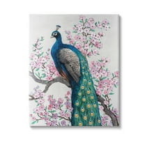 Stupell Industries Peacock & Cherry Blossoms Animals & Insects Painting Gallery Wrapped Canvas Art Print Wall Art, 24 x 30