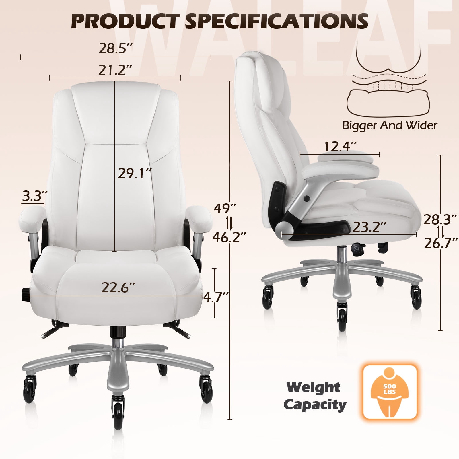 Waleaf Big and Tall Executive Office Chair with Flip-up & Adjustable Arms-Adjustable Lumbar Support,Heavy Duty High Back Computer Chair for Adults