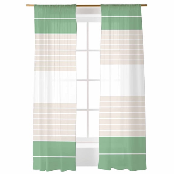 Sheer Curtains 108 inches Long, Beige Fruit Green Stripe Gradient Line Geometric Simple Light Filtering Sheer Window Curtains Rod Pocket Voile Drapes for Bedroom Living Room, 52"W x 108"L 2 Panels