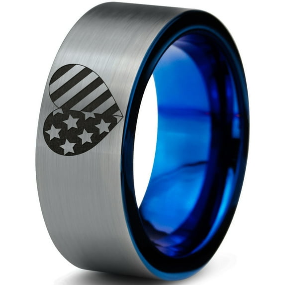 Tungsten Racing Flag Band Ring 8mm Men Women Comfort Fit Blue Flat Cut Brushed Gray Polished Nascar Formula 1 Monster Truck Drag Checkered