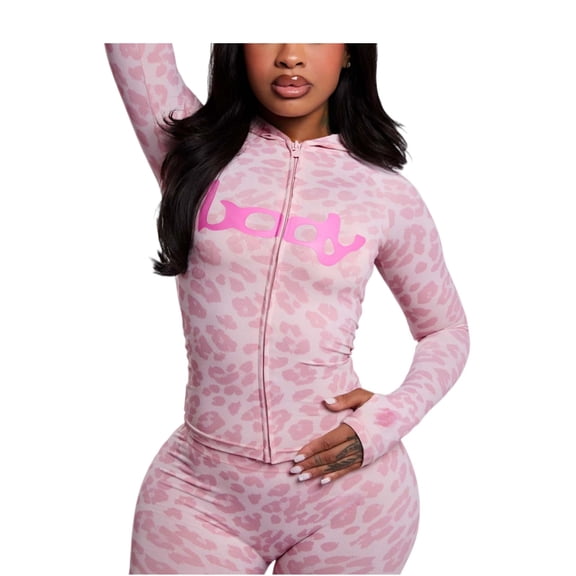 Women Leopard Print Hoodie Tracksuit Letter Graphic Long Sleeve Jacket Pants Set