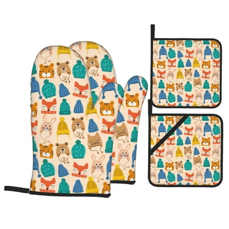

Oven Mitts and Pot Holders Sets 4 pcs Small Animals with Knit Hat Pattern Non-Slip Oven Gloves Potholders Soft Quilted Lining Heat Resistant Gloves Hot Pads for Kitchen Cooking Baking